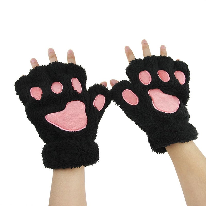 Ylucky Girls Cartoon Bear Claw Gloves Half Finger Paw Gloves Winter Warm Plush Faux Fur Mittens Hand Wear - Image 5